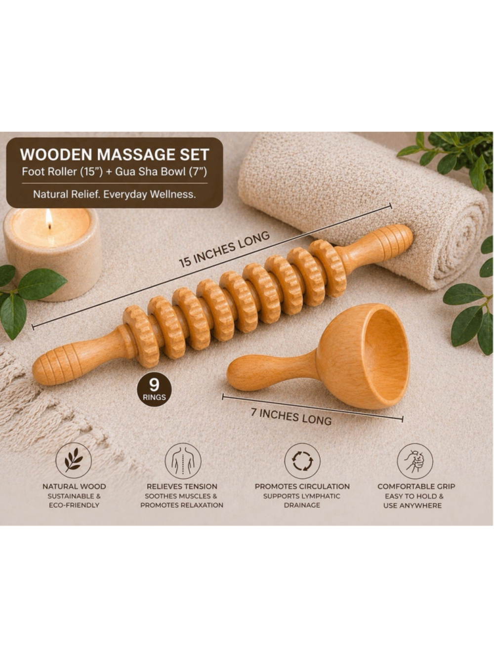 15" Wooden Foot Massager Roller + Gua Sha Bowl Body Massage Tool